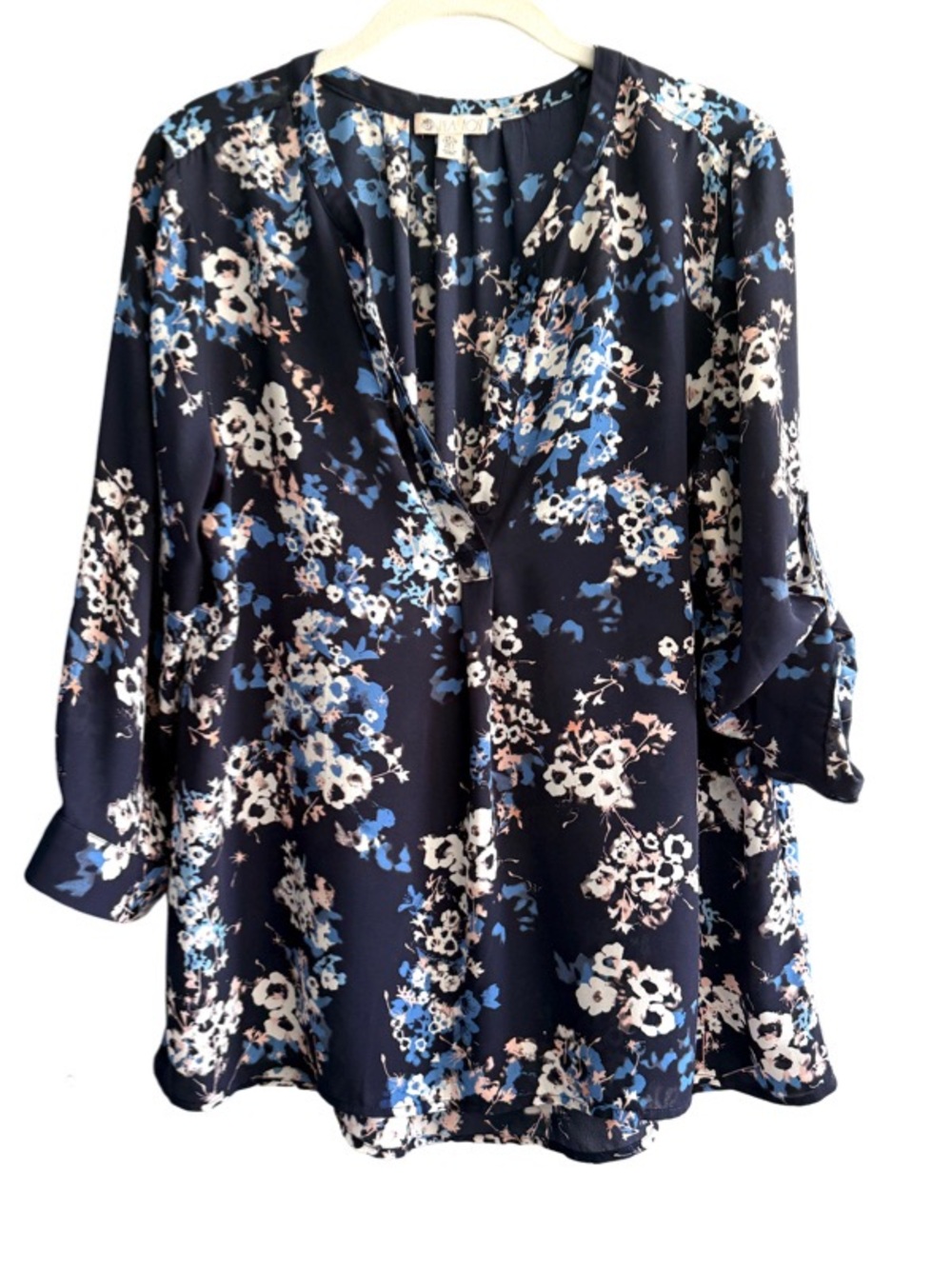 Lila Rose Tab Sleeve Blouse Flowing Floral Blue Multi Size L